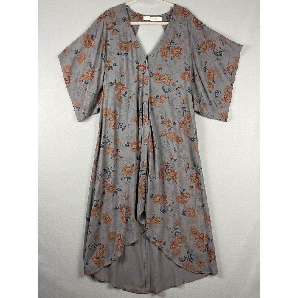 Saltwater Luxe Floral Kimono Hi Low Midi Dress Women Small Gray Open Back V-Neck